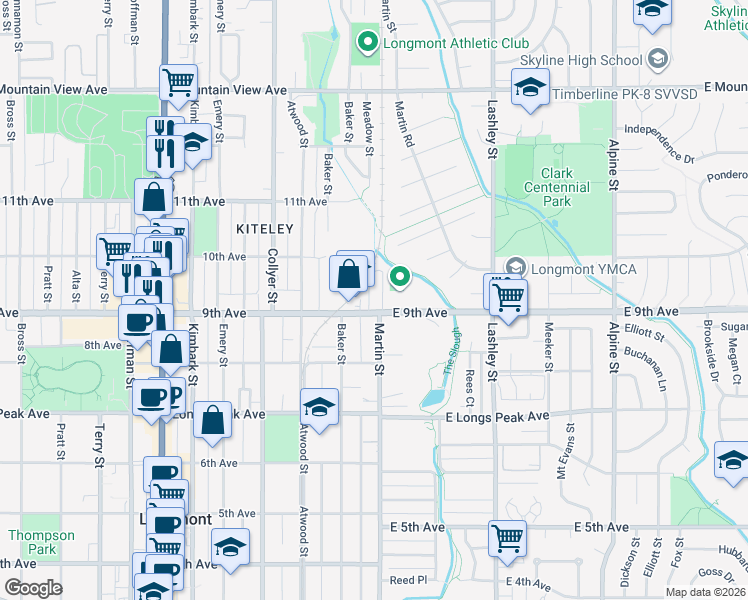 map of restaurants, bars, coffee shops, grocery stores, and more near 10 9th Avenue in Longmont