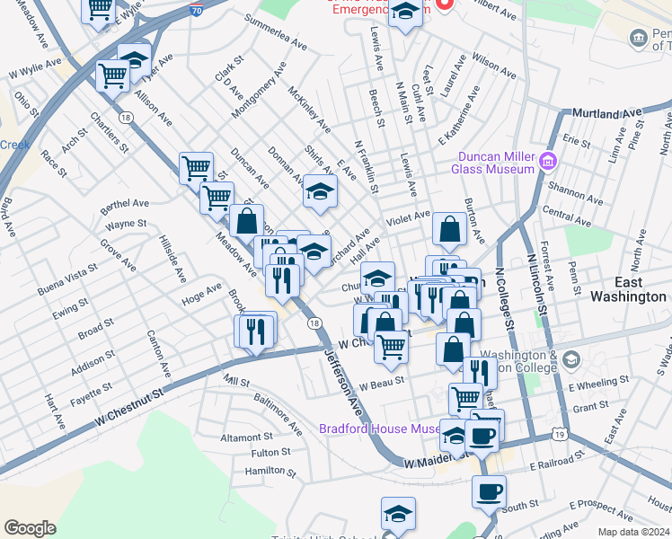 map of restaurants, bars, coffee shops, grocery stores, and more near 138 Hall Avenue in Washington