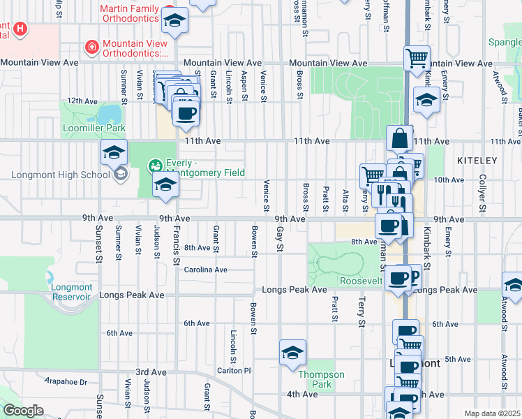 map of restaurants, bars, coffee shops, grocery stores, and more near 910 Venice Street in Longmont