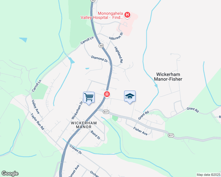 map of restaurants, bars, coffee shops, grocery stores, and more near 1269 Country Club Road in Monongahela