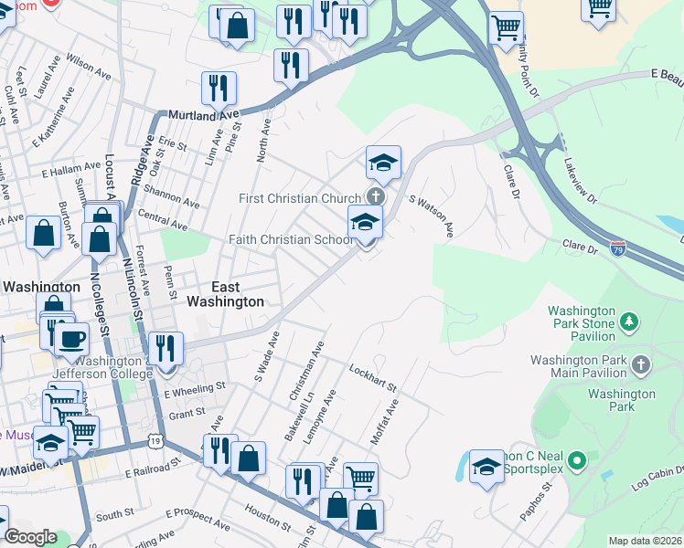 map of restaurants, bars, coffee shops, grocery stores, and more near 504 East Beau Street in Washington