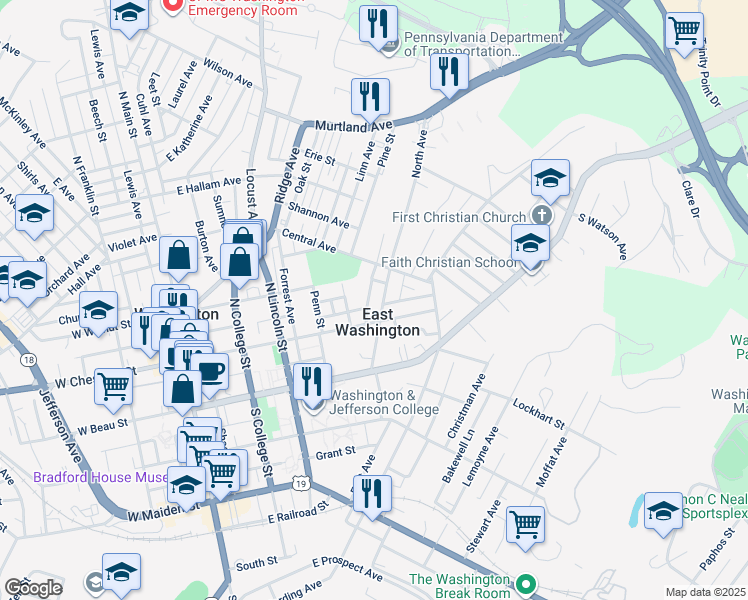 map of restaurants, bars, coffee shops, grocery stores, and more near 129 Ford Avenue in Washington