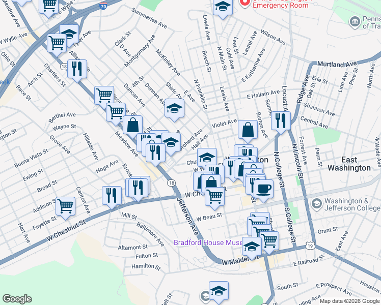 map of restaurants, bars, coffee shops, grocery stores, and more near 138 Hall Avenue in Washington