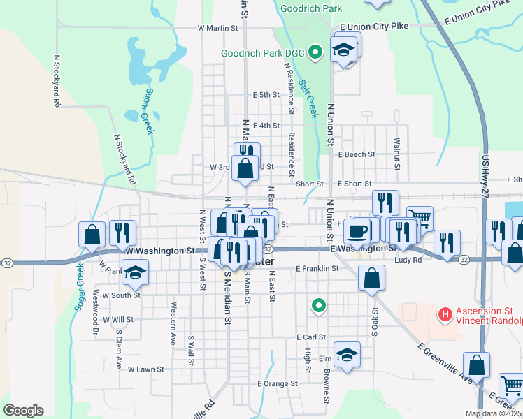 map of restaurants, bars, coffee shops, grocery stores, and more near 220 North Main Street in Winchester