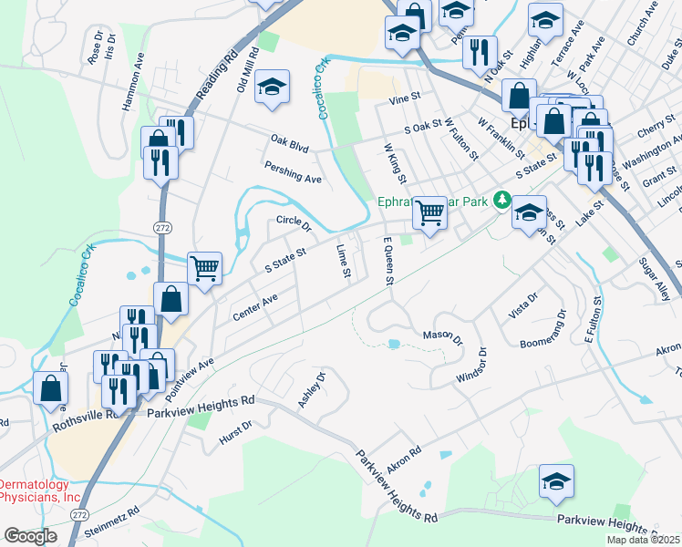 map of restaurants, bars, coffee shops, grocery stores, and more near 29 Lime Street in Ephrata
