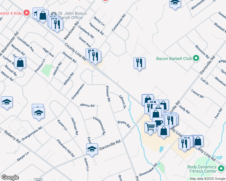 map of restaurants, bars, coffee shops, grocery stores, and more near 1940 Gibson Drive in Hatboro