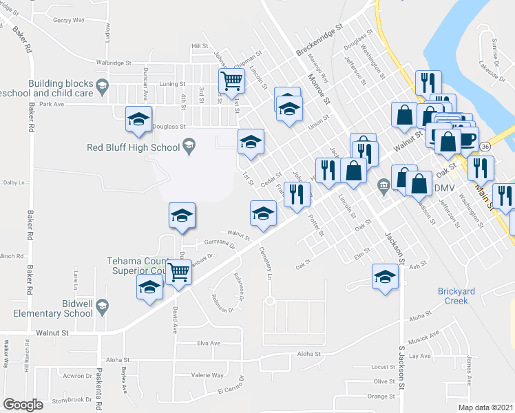 map of restaurants, bars, coffee shops, grocery stores, and more near 915 1st Street in Red Bluff