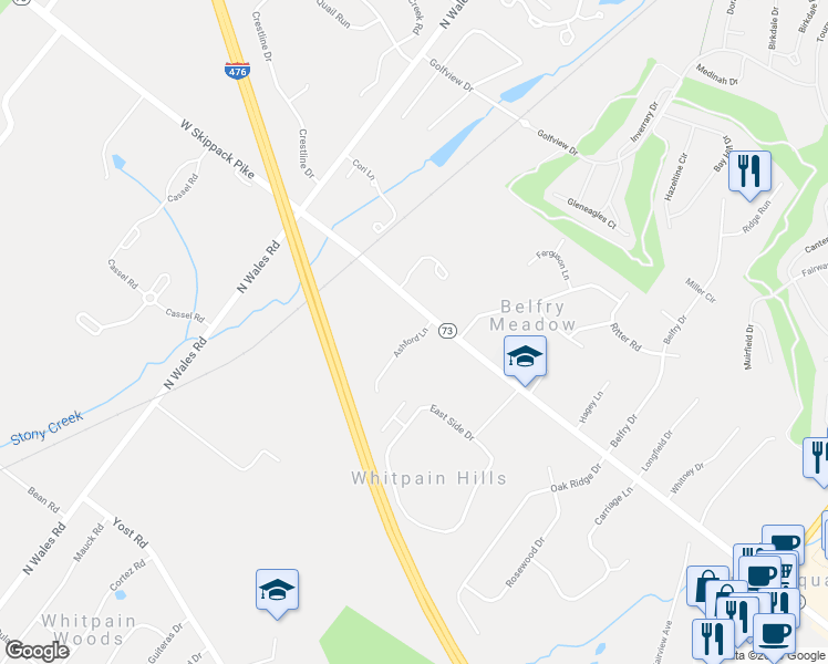 map of restaurants, bars, coffee shops, grocery stores, and more near 903 Ashford Ln in Blue Bell