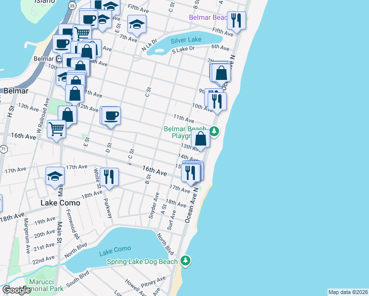 map of restaurants, bars, coffee shops, grocery stores, and more near 108 13th Avenue in Belmar