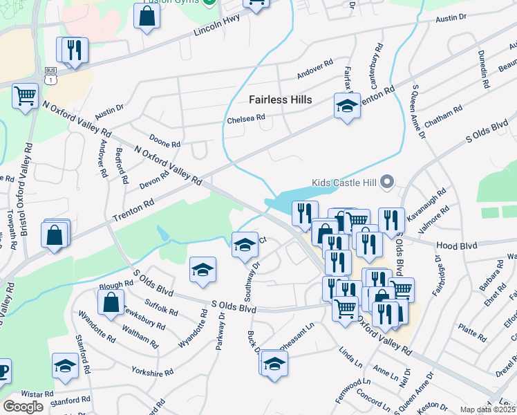 map of restaurants, bars, coffee shops, grocery stores, and more near in Fairless Hills