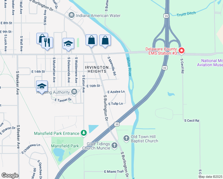 map of restaurants, bars, coffee shops, grocery stores, and more near 3508 East Azalea Lane in Muncie