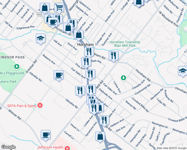 map of restaurants, bars, coffee shops, grocery stores, and more near 114 Fair Oaks Avenue in Horsham