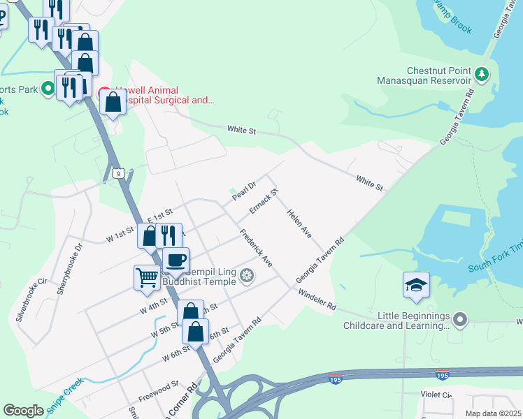 map of restaurants, bars, coffee shops, grocery stores, and more near 21 Ermack Street in Howell Township