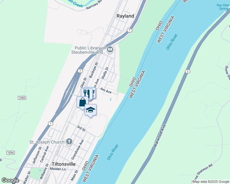 map of restaurants, bars, coffee shops, grocery stores, and more near 204 Arn Avenue in Tiltonsville