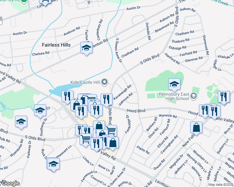 map of restaurants, bars, coffee shops, grocery stores, and more near 505 Kavanaugh Road in Fairless Hills