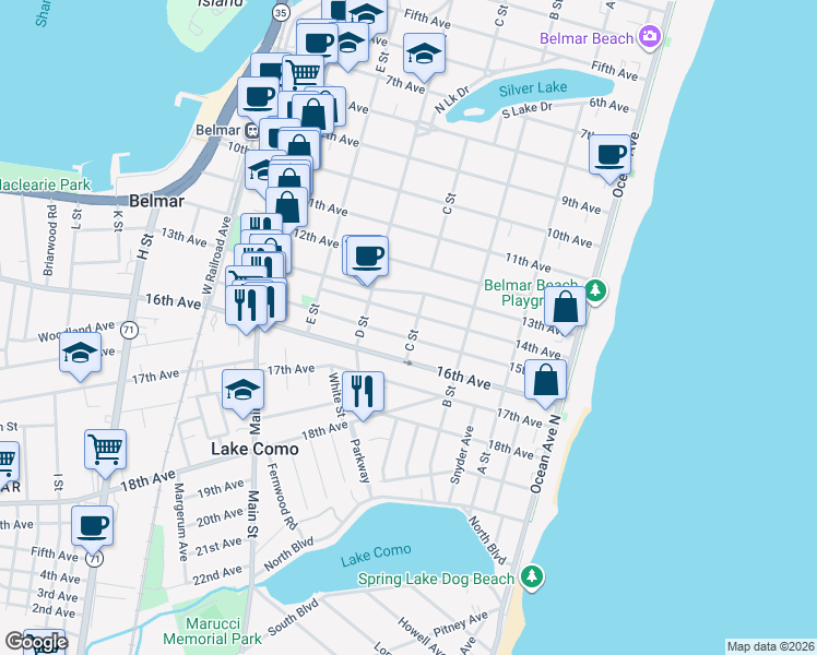 map of restaurants, bars, coffee shops, grocery stores, and more near 1403 C Street in Belmar
