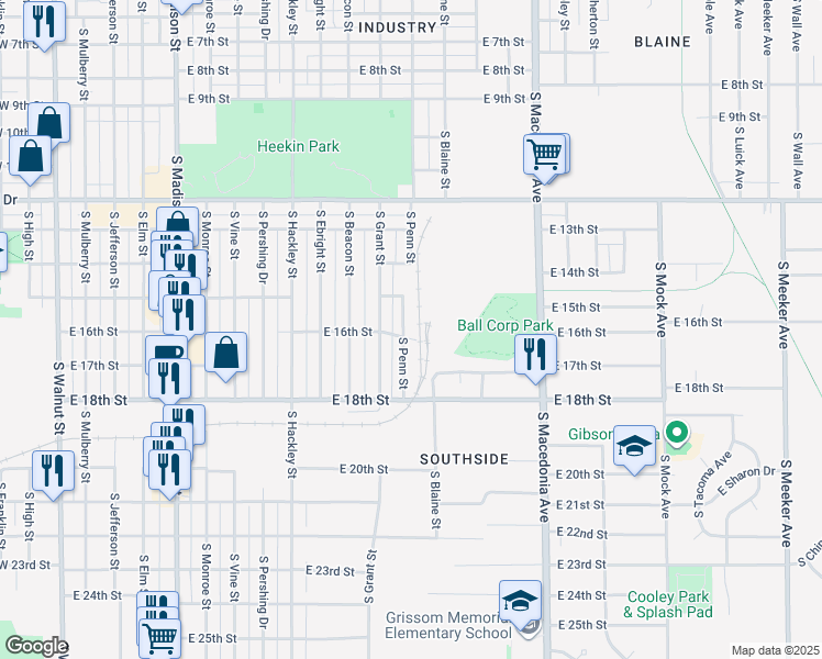 map of restaurants, bars, coffee shops, grocery stores, and more near 2216 South Penn Street in Muncie