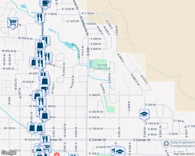 map of restaurants, bars, coffee shops, grocery stores, and more near 492 E 550 N in Springville