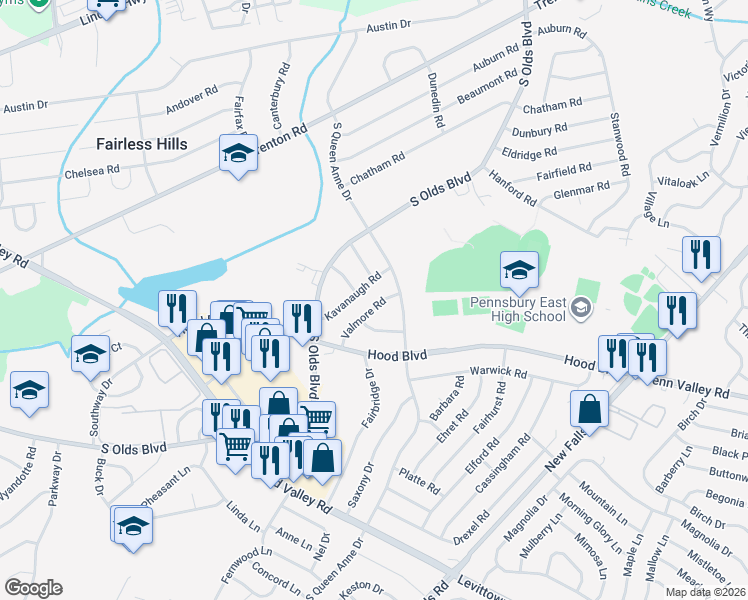 map of restaurants, bars, coffee shops, grocery stores, and more near 513 Valmore Road in Fairless Hills