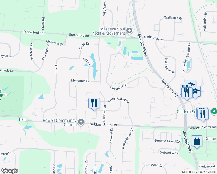 map of restaurants, bars, coffee shops, grocery stores, and more near 8198 Coldwater Drive in Powell