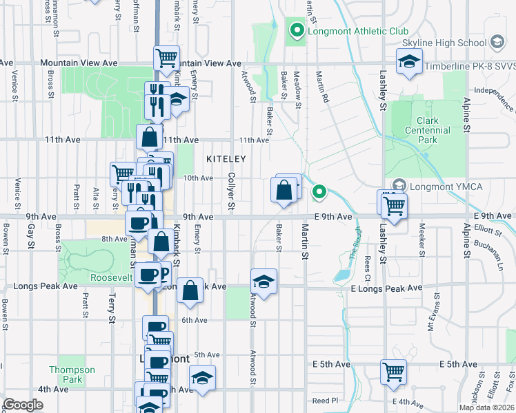map of restaurants, bars, coffee shops, grocery stores, and more near 912 Atwood Street in Longmont