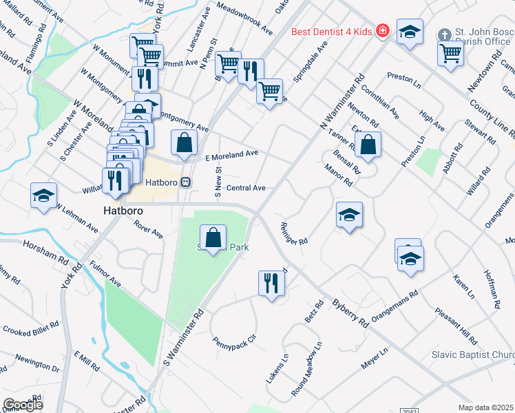 map of restaurants, bars, coffee shops, grocery stores, and more near 239 Byberry Rd in Hatboro