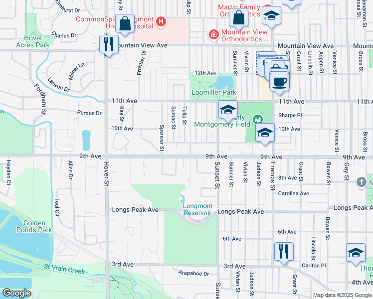map of restaurants, bars, coffee shops, grocery stores, and more near 1920 9th Avenue in Longmont
