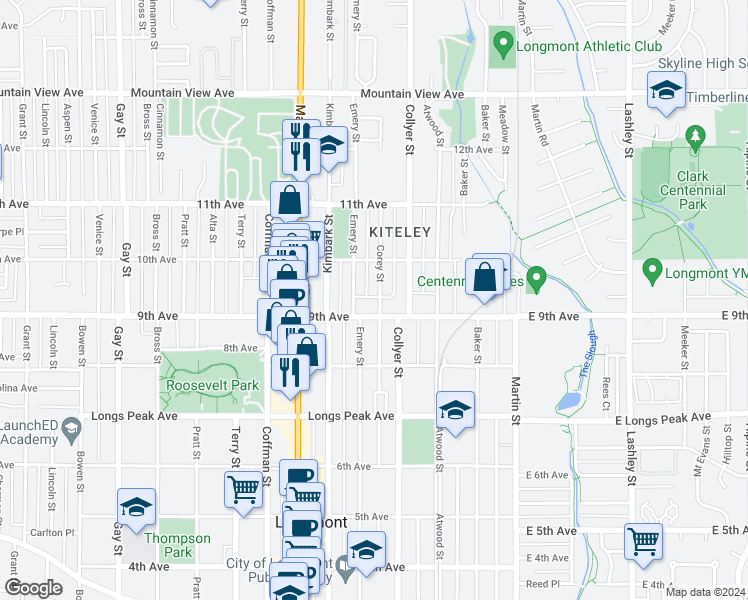 map of restaurants, bars, coffee shops, grocery stores, and more near 911 Corey Street in Longmont