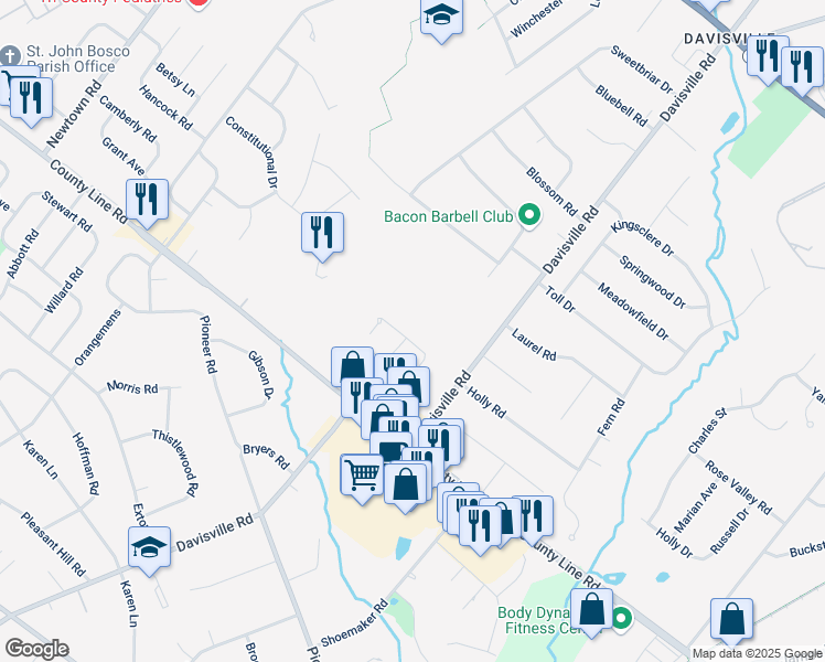 map of restaurants, bars, coffee shops, grocery stores, and more near 440 Roarks Trail in Warminster