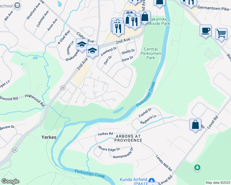 map of restaurants, bars, coffee shops, grocery stores, and more near 122 Larchwood Court in Collegeville