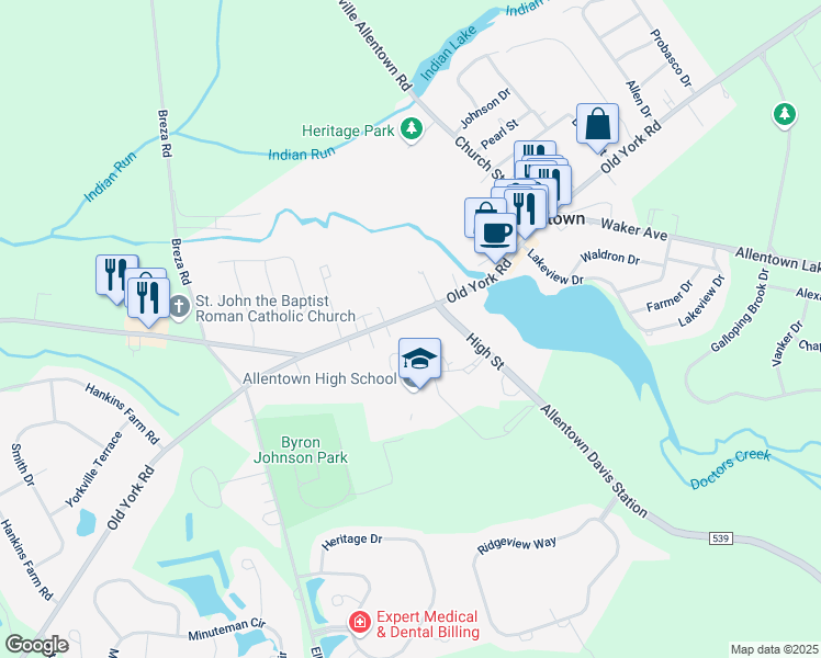 map of restaurants, bars, coffee shops, grocery stores, and more near 95 South Main Street in Allentown