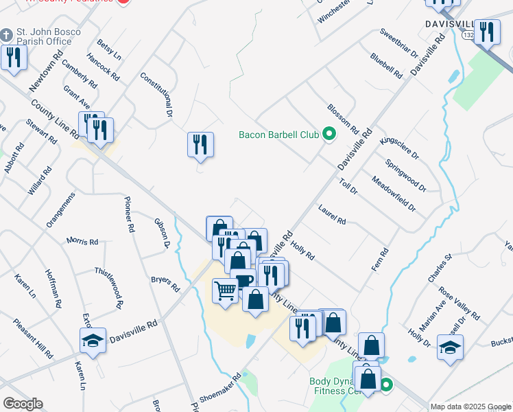 map of restaurants, bars, coffee shops, grocery stores, and more near 440 Roarks Trail in Warminster