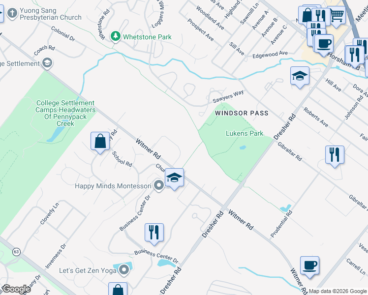 map of restaurants, bars, coffee shops, grocery stores, and more near 545 Sussex Court in Horsham