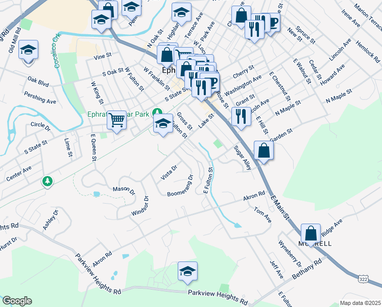 map of restaurants, bars, coffee shops, grocery stores, and more near 52 Westpointe Drive in Ephrata