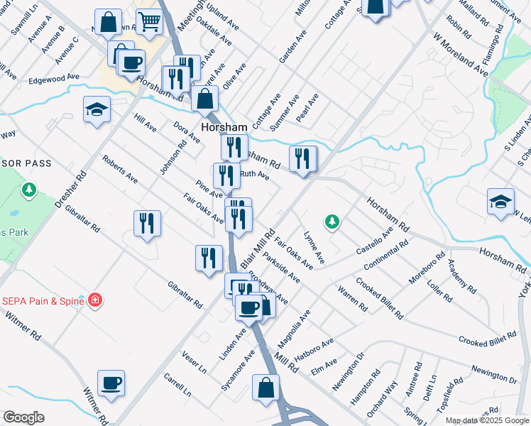 map of restaurants, bars, coffee shops, grocery stores, and more near 439 Summit Avenue in Horsham