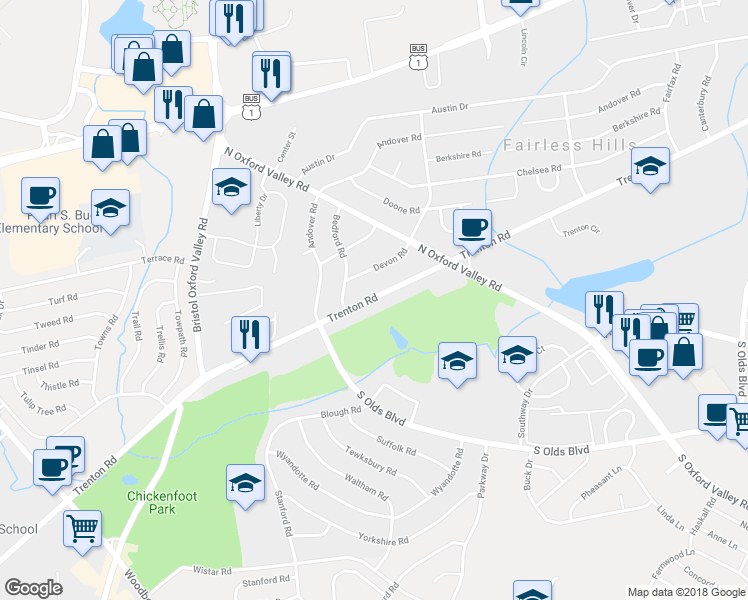 map of restaurants, bars, coffee shops, grocery stores, and more near 224 Trenton Road in Fairless Hills