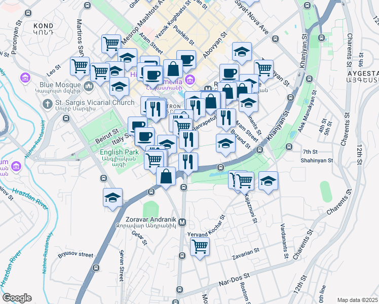 map of restaurants, bars, coffee shops, grocery stores, and more near 13 Tigran Mets Avenue in Yerevan