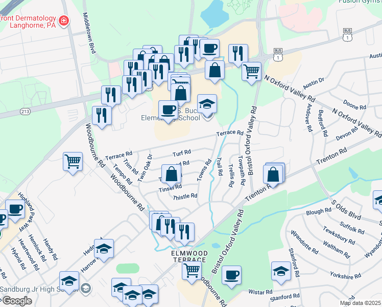 map of restaurants, bars, coffee shops, grocery stores, and more near 64 Turf Road in Levittown