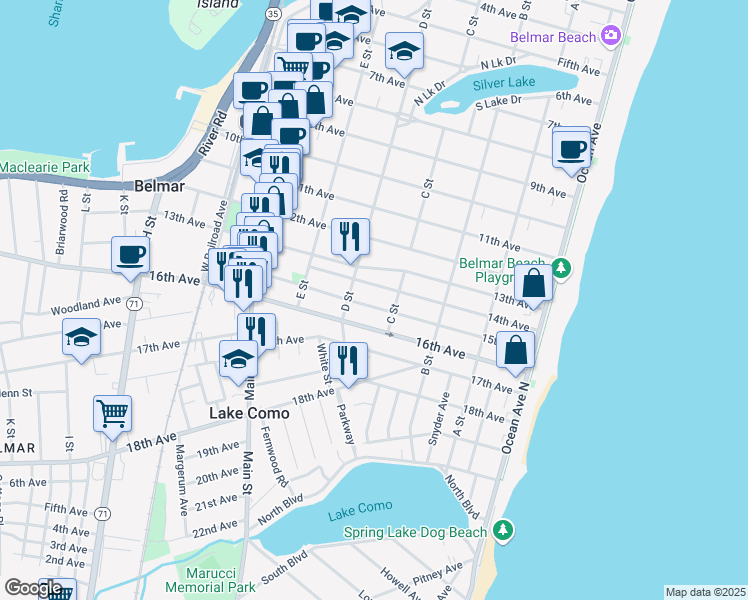 map of restaurants, bars, coffee shops, grocery stores, and more near 408 15th Avenue in Belmar
