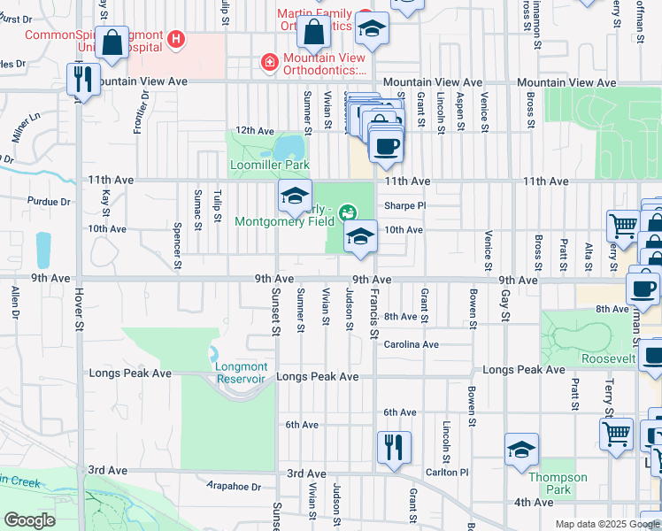 map of restaurants, bars, coffee shops, grocery stores, and more near 1530 9th Avenue in Longmont