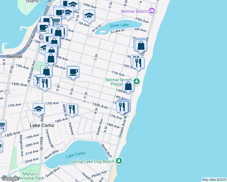 map of restaurants, bars, coffee shops, grocery stores, and more near 205 13th Avenue in Belmar