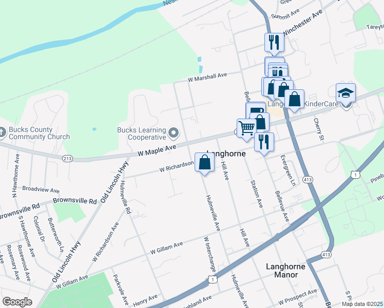 map of restaurants, bars, coffee shops, grocery stores, and more near 231 West Richardson Avenue in Langhorne