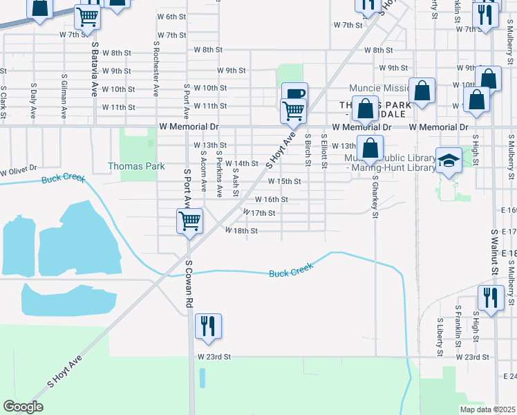 map of restaurants, bars, coffee shops, grocery stores, and more near 1308 West 17th Street in Muncie