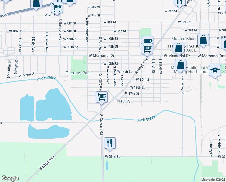 map of restaurants, bars, coffee shops, grocery stores, and more near 1517 West 16th Street in Muncie