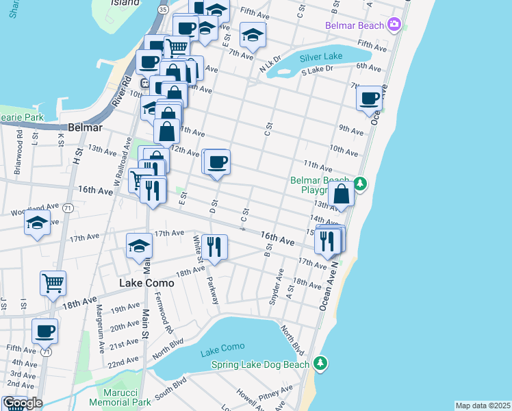 map of restaurants, bars, coffee shops, grocery stores, and more near 319 14th Avenue in Belmar