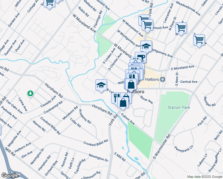 map of restaurants, bars, coffee shops, grocery stores, and more near 62 West Lehman Avenue in Hatboro