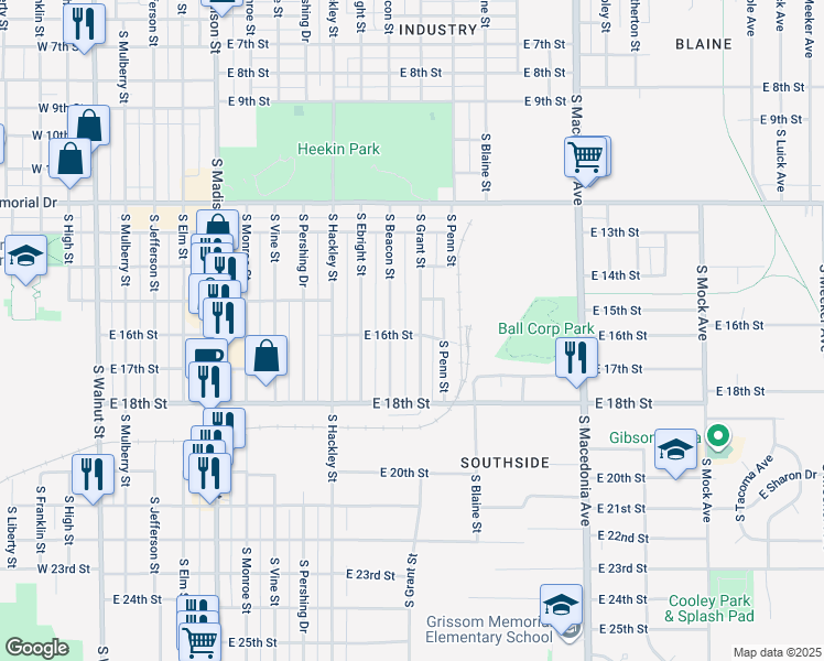 map of restaurants, bars, coffee shops, grocery stores, and more near 2217 South Grant Street in Muncie