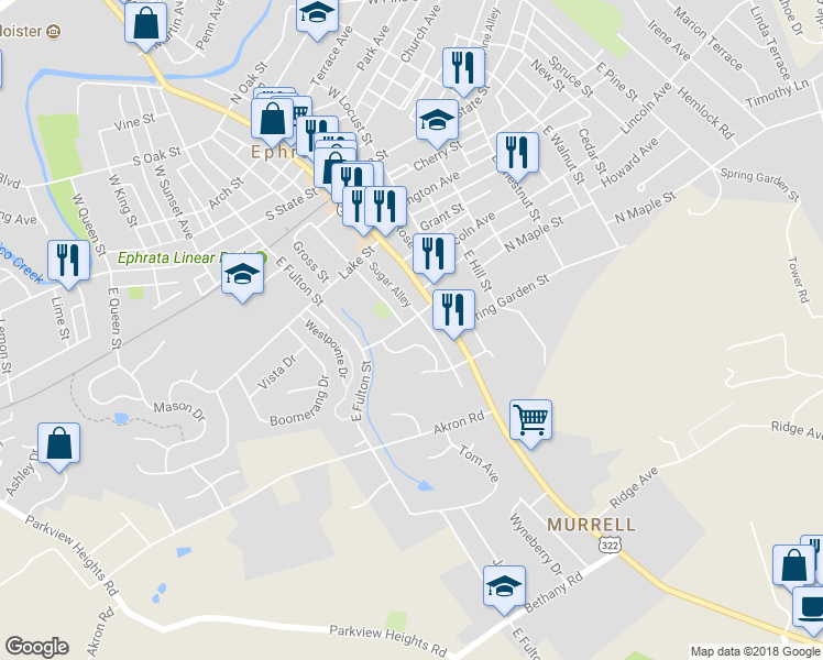 map of restaurants, bars, coffee shops, grocery stores, and more near 28 South Maple Street in Ephrata