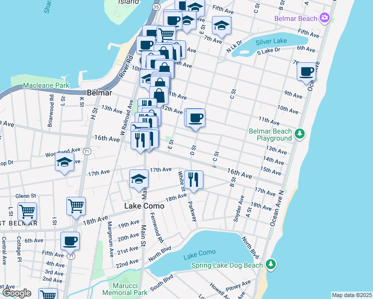 map of restaurants, bars, coffee shops, grocery stores, and more near 503 15th Avenue in Belmar
