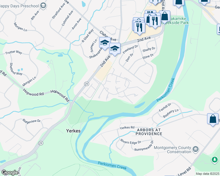 map of restaurants, bars, coffee shops, grocery stores, and more near 126 Mulberry Court in Collegeville